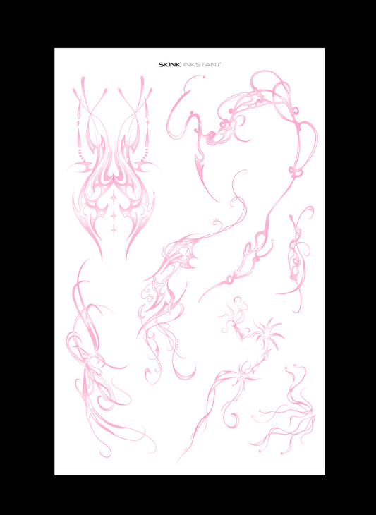 Tattoo design sheet with pink ink patterns on a white background